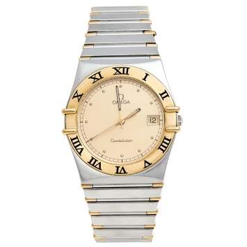 Pre Owned Omega Champagne 18K Yellow Gold Stainless Steel Constellation 396.1070 Men's Wristwatch 35 mm