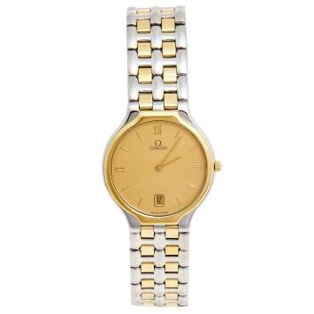 Pre Owned Omega Champagne 18K Yellow Gold Stainless Steel De Ville Symbol 196.0316 Men's Wristwatch 32 mm