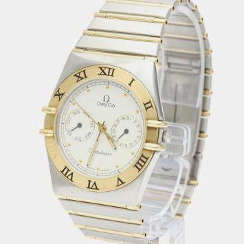 Pre Owned Omega White 18K Yellow Gold And Stainless Steel Constellation 396.1070 Quartz Men's Wristwatch 33 mm