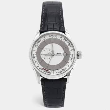 Pre Owned Oris Silver Stainless Steel Leather Artelier 7596 Pointer Day 2007 Men's Wristwatch 45 mm