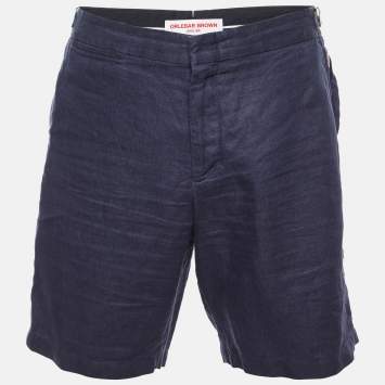 Pre Owned Orlebar Brown Navy Blue Linen Shorts L/Waist 34"