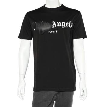 Pre Owned Palm Angels Black Sprayed Logo Printed Cotton Crewneck T-Shirt M