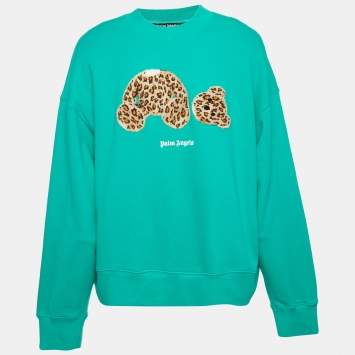 Pre Owned Palm Angels Green Leopard Bear Embroidered Cotton Knit Sweatshirt L