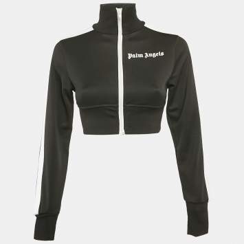 Pre Owned Palm Angels Black Logo Print Jersey Zip-Up Cropped Jacket XS