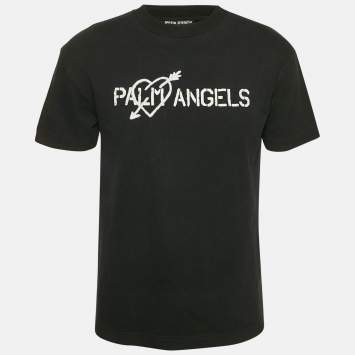 Pre Owned Palm Angels Black Logo Print and Heart Embroidery Cotton Crew Neck T-Shirt S