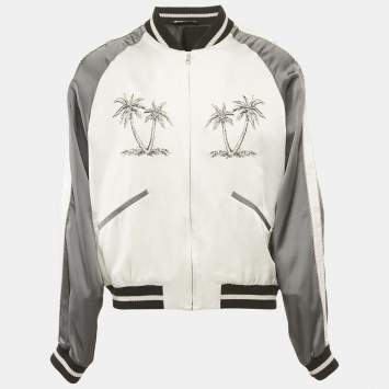 Pre Owned Palm Angels Grey Palm Embroidered Satin Zip-Up Bomber Jacket L