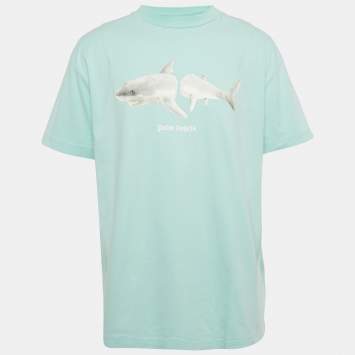 Pre Owned Palm Angels Gnawed Blue Shark Print Cotton T-Shirt XL 