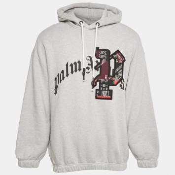 Pre Owned Palm Angels Grey Logo Print Cotton Hoodie XL