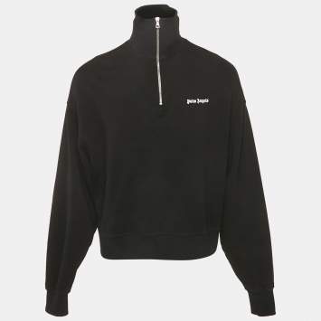 مملوكة مسبقًا Palm Angels Black Logo Embroidered Cotton Half Zip Sweatshirt XS