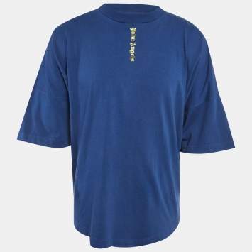 Pre Owned Palm Angels Blue Vertical Logo Print Cotton Oversized T-Shirt M