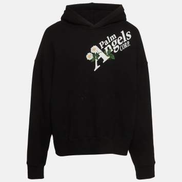 Pre Owned Palm Angels Black Daisy Logo Print Cotton Hoodie L