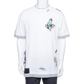 Pre Owned Palm Angels White Mermaid Printed Cotton & Applique Detail Crewneck T-shirt L