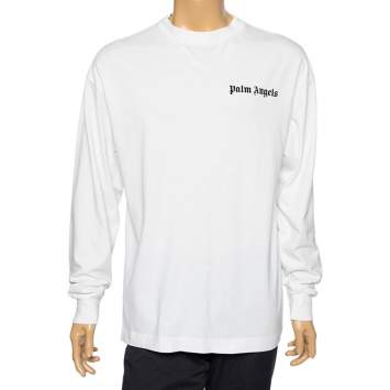 Pre Owned Palm Angels White Cotton Logo Printed Detail Long Sleeve Crewneck T-Shirt L