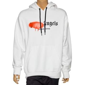 Pre Owned Palm Angels White Hong Kong Sprayed Logo Printed Cotton Hoodie M