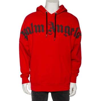 Pre Owned Palm Angels Red Cotton Logo Printed Hoodie M