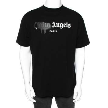 Pre Owned Palm Angels Black Cotton Sprayed Logo Printed Crew Neck T-Shirt L