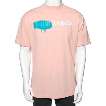 Pre Owned Palm Angels Peach Cotton Sprayed Logo Printed Crew Neck T-Shirt XL