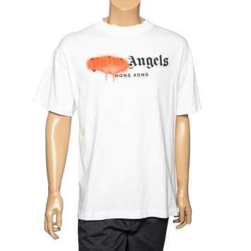 Pre Owned Palm Angels White Cotton Sprayed Logo Printed Crewneck T-Shirt L