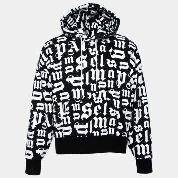 Pre Owned Palm Angels Black and White Cotton Broken Logo Monogram Pullover Hoodie S