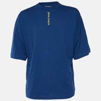 Pre Owned Palm Angels Blue Jersey Vertical Logo Print Oversized T-Shirt L