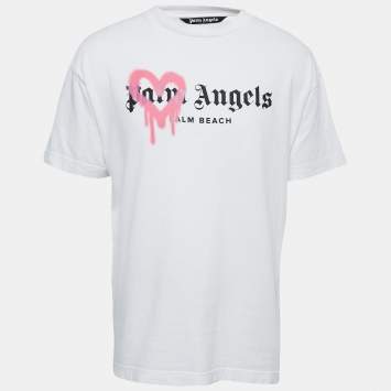 Pre Owned Palm Angels White Cotton Sprayed Logo T-Shirt L