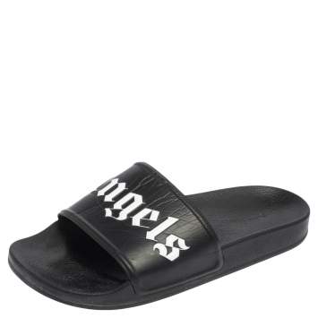 Pre Owned Palm Angels Black Leather Logo Pool Slides Size 42