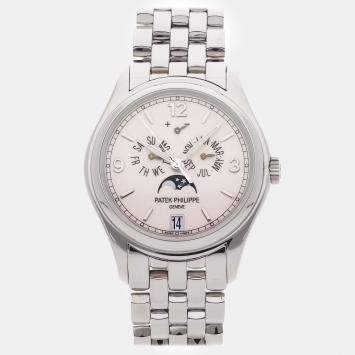 Pre Owned Patek Philippe Complications Annual Calendar Moon Phases 5146/1G-001 Automatic White Gold Cream Dial Men's Wristwatch 39mm