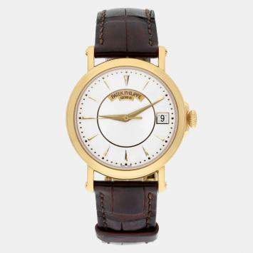 Pre Owned Patek Philippe Calatrava 5153j-001 Automatic White 18k Yellow Gold Men's Wristwatch 38 mm