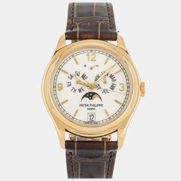 Pre Owned Pre-Owned Patek Philippe Complications Annual Calendar Moon Phases 5146J-001 Cream Automatic 18k Rose Gold Men's Wristwatch 39 MM