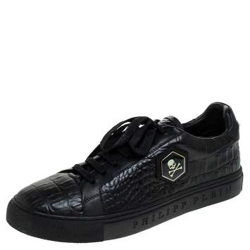 Pre Owned Philipp Plein Black Croc Embossed Leather Tusk Lace Up Sneakers Size 43