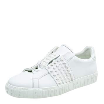 Pre Owned Philipp Plein White Leather Stars Embellished Low Top Sneakers Size 42.5