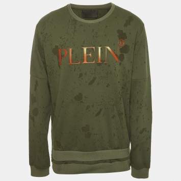 مملوكة مسبقًا Philipp Plein Homme Green Side Zip Jersey Distressed Sweatshirt XXL