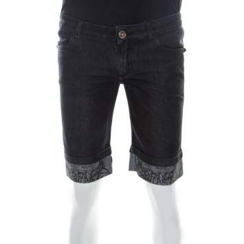 Pre Owned Philipp Plein Black Denim Medium Wash Printed Turn-Up Detail Shorts S