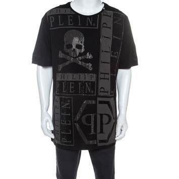 Pre Owned Philipp Plein Black Cotton Embellished Skull Detail T-Shirt 4XL
