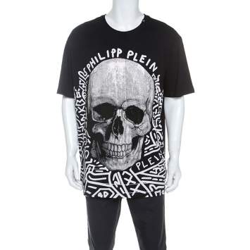 Pre Owned Philipp Plein Black Skull Print Cotton Crystal Embellished T-Shirt 4XL