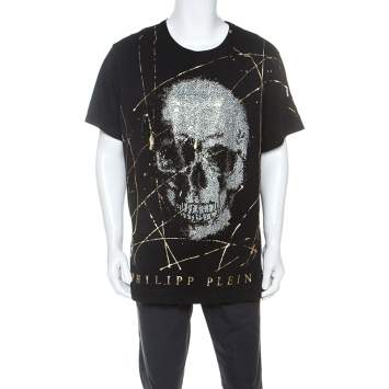 Pre Owned Philipp Plein Black Cotton Crystal Embellished Like Sparks T-Shirt 5XL