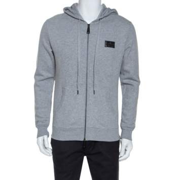 Pre Owned Philipp Plein Grey Jersey Skull Embellished Zip Front Hooded Jacket M