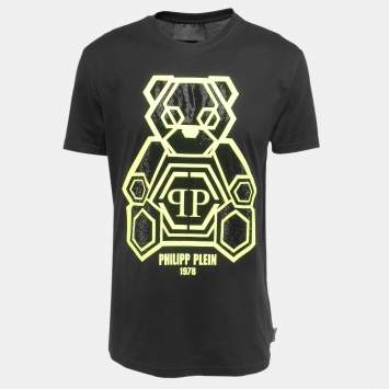 Pre Owned Philipp Plein Homme Black/Neon Green Embellished Print Cotton Crew Neck T-Shirt XL