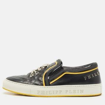 Pre Owned Philipp Plein Black Quilted Leather Skull Slip On Sneakers Size 44