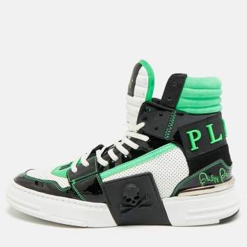 Pre Owned Philipp Plein Phantom Kicks Size 40 Tricolor Leather and Patent High Top Sneakers