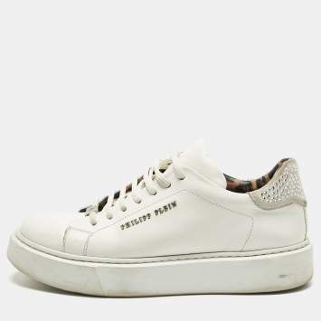 Pre Owned Philipp Plein Trainer Size 40 White Leather and Suede Crystal Embellished Lace Up Sneakers