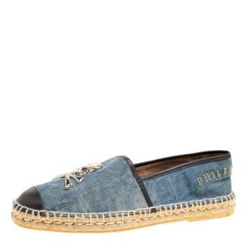 Pre Owned Philipp Plein Blue/Black Denim and Leather New York Espadrilles Size 40