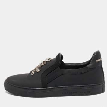 Pre Owned Philipp Plein Black Leather Skull Slip On Sneakers Size 41