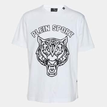 Plein Sport White Jersey Tiger Print T-Shirt L
