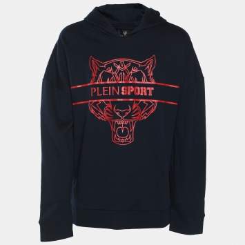 Plein Sport Navy Blue Jersey Tiger Print Hoodie L