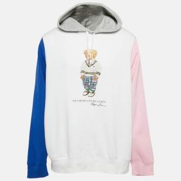 Pre Owned Polo Ralph Lauren White/Multicolor Bear Print Cotton Hoodie XL