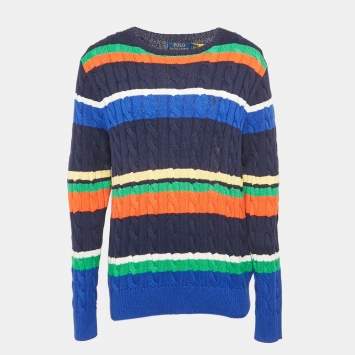 Pre Owned Polo Ralph Lauren Blue Striped Cable Knit Sweater L