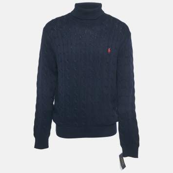 Pre Owned Polo Ralph Lauren Navy Blue Cable Knit Turtle Neck Sweater XL