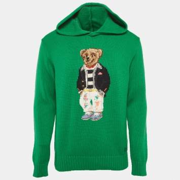 Pre Owned سترة بولو رالف لورين خضراء محبوكة بتصميم دمية مدمج مع غطاء رأس مقاس متوسط - ميديم