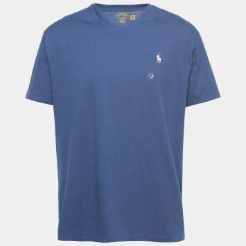 Pre Owned Polo Ralph Lauren Blue Cotton Classic Fit V-Neck T-Shirt L